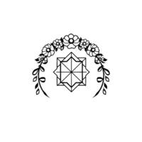 Minimalist Black and White Floral Arch with Geometric Star Motif, Modern Symbolic on Clean White Background vector