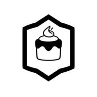 Stylized, monochromatic illustration of a cupcake with frosting within a stylized black hexagon against a white background. vector