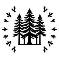Minimalist black silhouette of three pine trees with animal tracks arranged in a circular pattern on white. vector