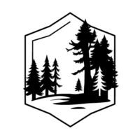 Monochrome Wilderness A Stylized Forest Scene Within a Geometric Shield, Showcasing Pine Trees and Terrain. vector