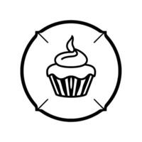 Minimalist black and white cupcake illustration within a circular frame, featuring targetlike crosshairs for focused emphasis. vector