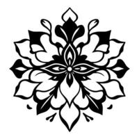 Symmetrical Floral Mandala in Black and White, Showcasing Intricate Petal and Leaf Patterns in a Clean and Minimalist Style. vector