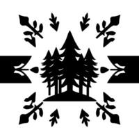 Black and white symmetrical stylized forest with decorative flourishes and negative space. vector