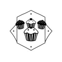 Black and white minimalist illustration of four cupcakes in a decorative hexagonal frame with diamond accents, evoking a bakery . vector