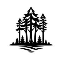 Minimalist Black and White Silhouette of a Pine Forest Reflecting on Calm Water, Capturing Natures Serenity. vector