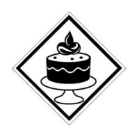 Stylized black and white illustration of a layered cake with frosting, atop a pedestal, encased in a diamond frame. vector