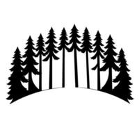 Silhouette of a coniferous forest on a curved hill, illustrating a minimalist and natural aesthetic, in stark black and white. vector