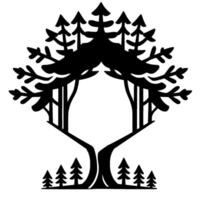 A stylized, symmetrical black silhouette of a forest tree encompassing a frame, with various stylized pine trees, creating an artistic emblem. vector