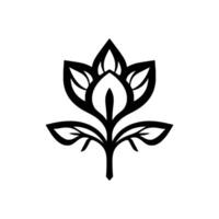 Intricate Black and White Floral Stylized Silhouette of a Blooming Flower with Detailed Petals and Leaves, Isolated on a White Background. vector
