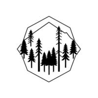 Geometric Forest Scene in a Hexagon Frame Silhouette of Evergreen Trees and Mountain in Minimalist Style vector