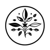 Minimalist Black and White Circular Emblem Featuring a Stylized Branch with Leaves and Dots, Symbolic of Nature and Harmony. vector