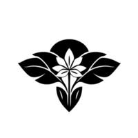 Elegant floral emblem with a central multipetal flower, surrounded by stylized leaves, under a dark sun, set against a white backdrop. vector