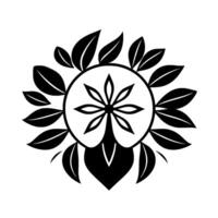 Intricate black and white floral with concentric leaflike elements surrounding a stylized flower core and symmetrical base. vector
