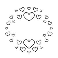 A ring of black outlined hearts, ranging in size, encircling an empty space against a stark white background, conveying love. vector