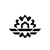 A geometric, stylized, monochrome emblem featuring a central house shape within a gear, resting above and below additional gearlike elements, all against a clean white backdrop. vector