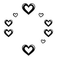 A symmetrical arrangement of various sized, black, outlined hearts encircling an empty center space, on a white background. vector