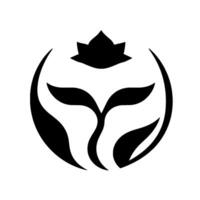 A minimalistic, symmetrical black and white , featuring stylized leaves and a lotus flower, enclosed in a circular frame. vector