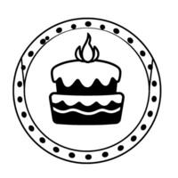 Simple black and white circular featuring a twotiered birthday cake with a flame on top and a dotted decorative border. vector