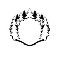 A stylized black and white minimalist illustration of a forest archway, resembling a shield with trees outlining the shape, leaving a blank central space. vector