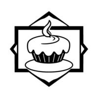 A Minimalist Black and White Illustration of a Cupcake with a Lit Candle, Framed Within a Geometric , Evoking a Festive and Sweet Atmosphere. vector