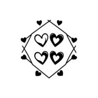 Geometric Black hearts within a diamond shape, surrounded by additional hearts and a radiating sparkle. vector
