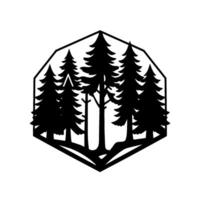 Black silhouette of evergreen trees within a geometric hexagonal frame, evoking natures beauty and minimalist on a white background. vector