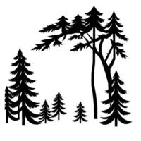 Silhouette of a coniferous forest with various sized trees, creating a , with dark forms against a white background. vector