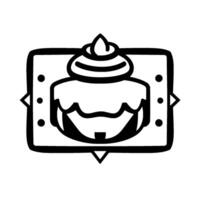 Stylized black and white illustration of a cake with frosting, framed within a rectangular border with geometric embellishments, minimalist . vector