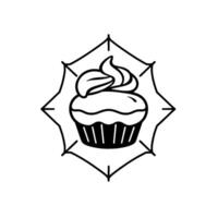 Black and white illustration of a cupcake with swirled frosting, contained within an ornate, geometric frame, on a white background. vector