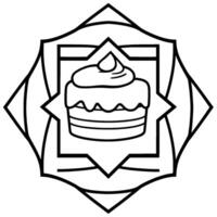 Intricate, black and white line art of a layered cake with whipped cream, enclosed within a star and ornamental geometric frame. vector