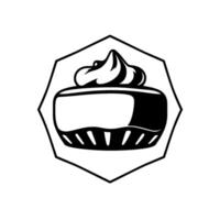 A bold, minimalist black and white illustration of a small cake topped with whipped cream, framed within a geometric octagon. vector