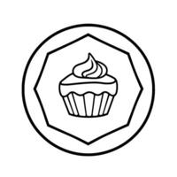 Simple blackandwhite illustration of a cupcake inside a polygon shape, enclosed within a circular border, representing bakery or sweet treat. vector