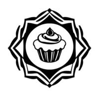 Stylized Black and White Illustration A Cupcake Centerpiece within an Ornate, Geometric Frame, suggesting elegance. vector