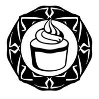 Monochrome Cupcake within Decorative Black and White Ornamental Circle, Simple Line Art Dessert . vector