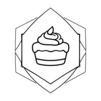 Simple Line Art Illustration of a Cupcake with Swirled Frosting Inside a Geometric Polygon Frame Against White Background. vector