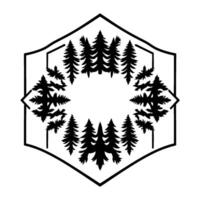A symmetrical, minimalist forest scene, composed of black fir trees within a hexagonal geometric border, a stark monochrome . vector