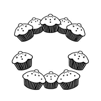 A whimsical monochrome illustration featuring a symmetrical arrangement of cupcakes, forming two circular arcs, on a stark white background. vector