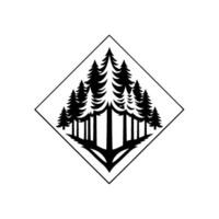 Minimalist Black and White Forest Emblem Evergreen Trees Silhouette Within a Diamond Frame, Evoking Nature Wilderness vector
