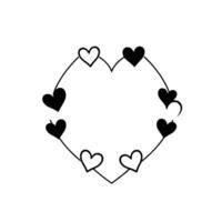 A minimalist, symmetric illustration of a heartshaped arrangement comprised of alternating solid black and outlined white hearts, all connected by delicate black lines on a stark white background. vector