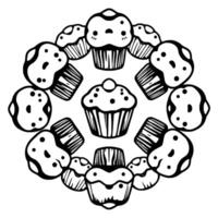 Whimsical Black and White Mandala A Circular Arrangement of Cartoon Cupcakes with Dots, Dots and more Dots. vector