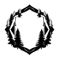 Geometric monochrome of a forest scene contained within a symmetrical hexagon, incorporating coniferous trees, abstract shapes, and starry accents. vector