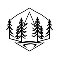 Minimalist geometric illustration Black pine trees within a hexagon and triangle frame, evoking nature outdoor adventure. vector