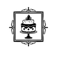 Elegant Black White Illustration A TwoTiered Cake on a Pedestal Within a Decorative Ornate Frame, Perfect for Invitations. vector