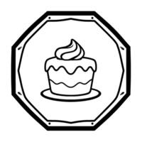 Monochrome illustration of a frosted cake within an octagonal border, showcasing layered sponge and cream swirl. vector