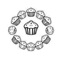 Black and White Cupcakes A symmetrical arrangement of cupcakes in a circular pattern, featuring varied sizes and a minimalist . vector