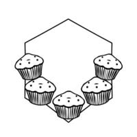 illustration of five cupcakes arranged around a hexagon frame, showcasing a simple, black and white, and minimalistic food . vector