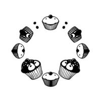 A circular arrangement of stylized black and white cupcakes with cherries, creating a whimsical and decorative pattern against a blank background. vector