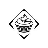 Black and white minimalist illustration of a cupcake with a swirl of frosting centered within a diamond frame, simple . vector