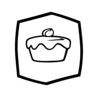 Simple black and white illustration of a cupcake with a nut on top, contained within a shieldshaped border, perfect for bakery logos. vector