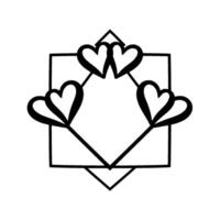 Black and white geometric heart illustration with a square and diamond frame. vector